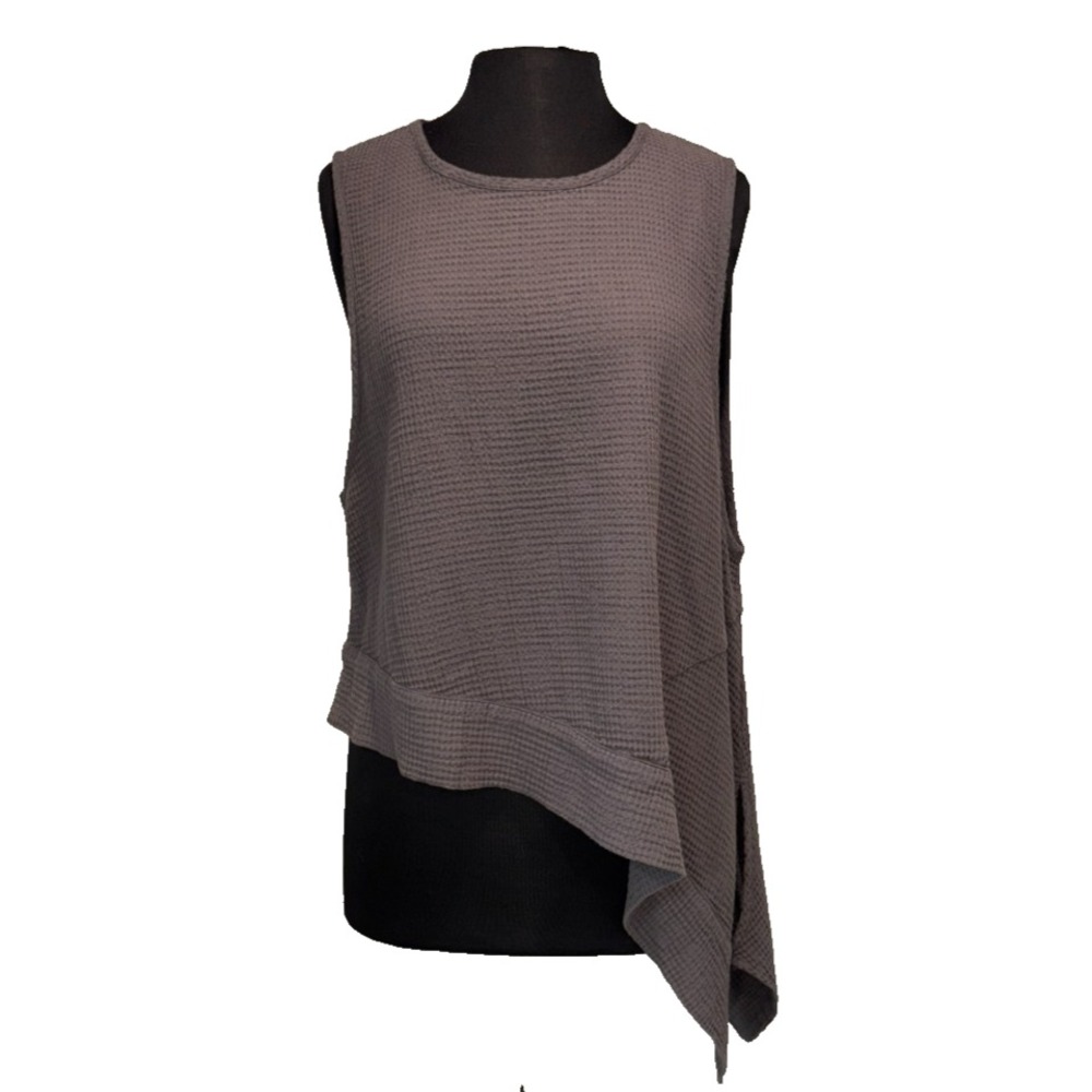 Focus Womens Waffle Knit Asymmetric Tank M Charcoal Gray Cotton Lagenlook NWT